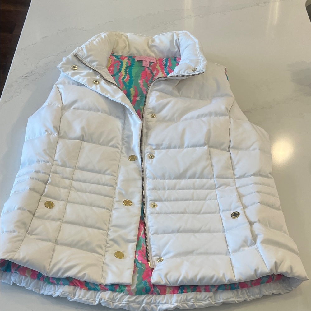 Lilly Pulitzer White Puffer Vest with Gold Buttons